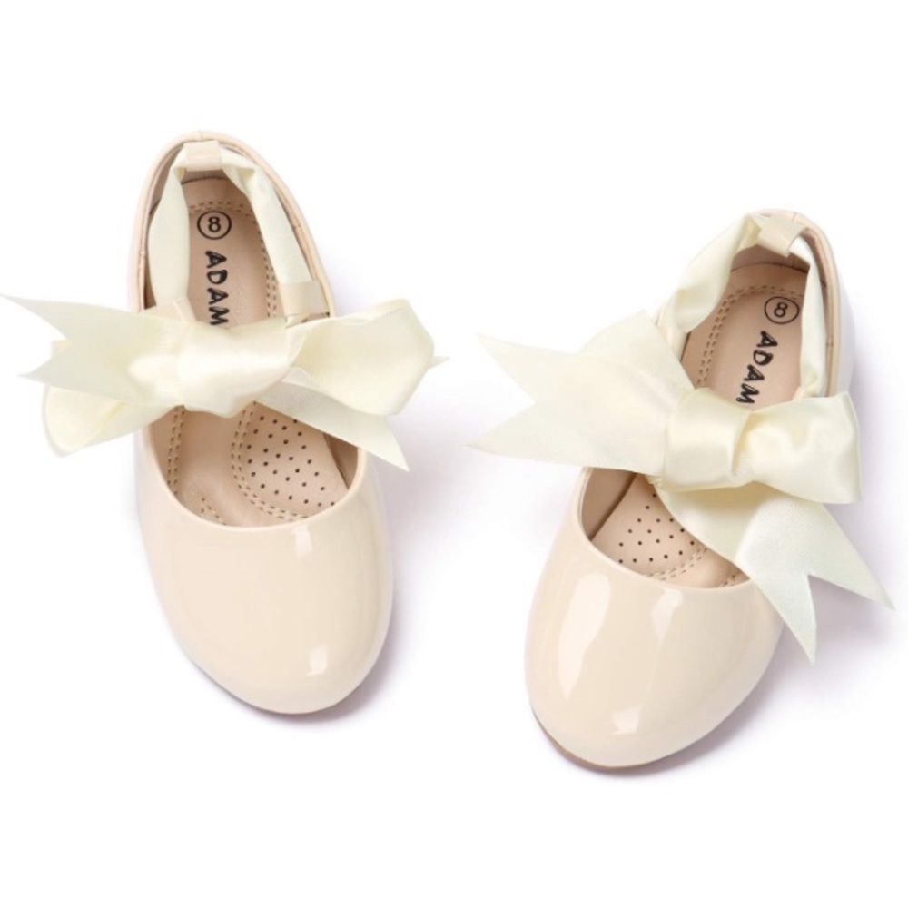 Size 10.5 Girls Cream Flats with Ribbon Ties - Special Occassion Shoes